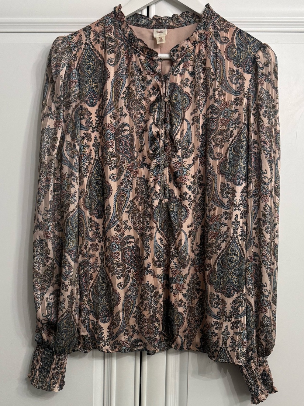 Autres Filles Paisley Chiffon Boho Blouse Pink Sage Smocked Ruffle Neckline Sz M